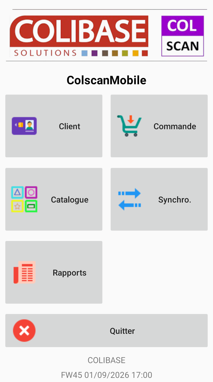 Écran d'accueil de Colscan : Client, Commande, Catalogue, Synchro et Rapports