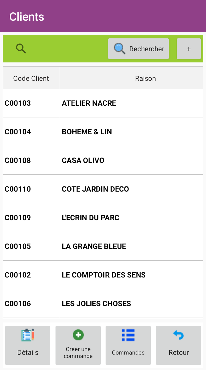Liste des clients : code et raison sociale, avec les boutons Détails, Créer une commande et Commandes