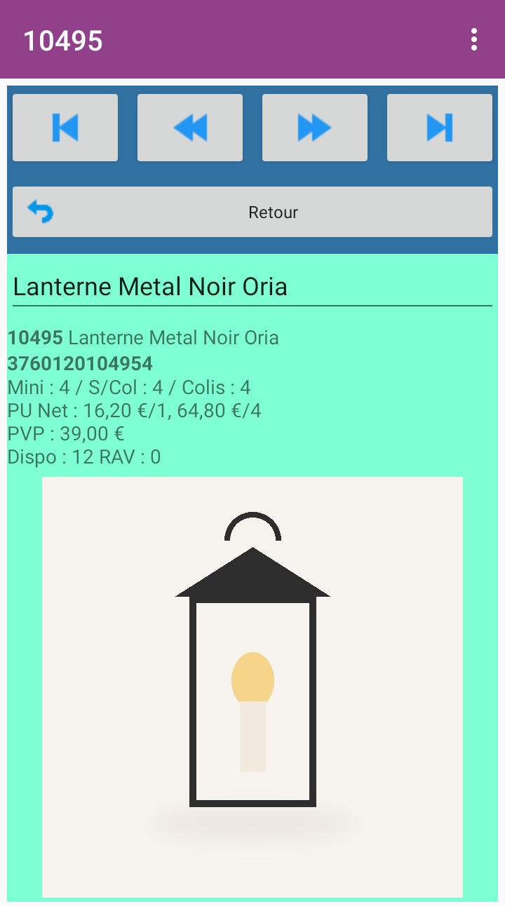 Fiche article Lanterne Metal Noir Oria : code-barres, colisage, prix net, prix public, stock disponible et photo