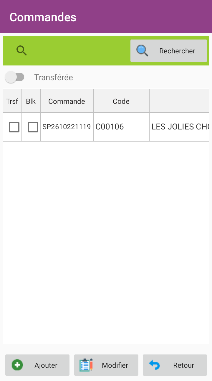Liste des commandes prises : numéro de commande, code client et raison sociale